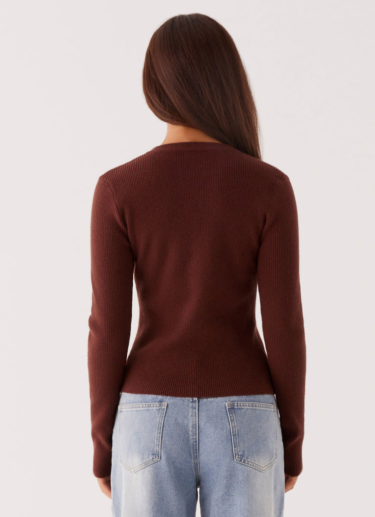 Womens Rubi Knit Long Sleeve Top in the colour Chocolate in front of a light grey background