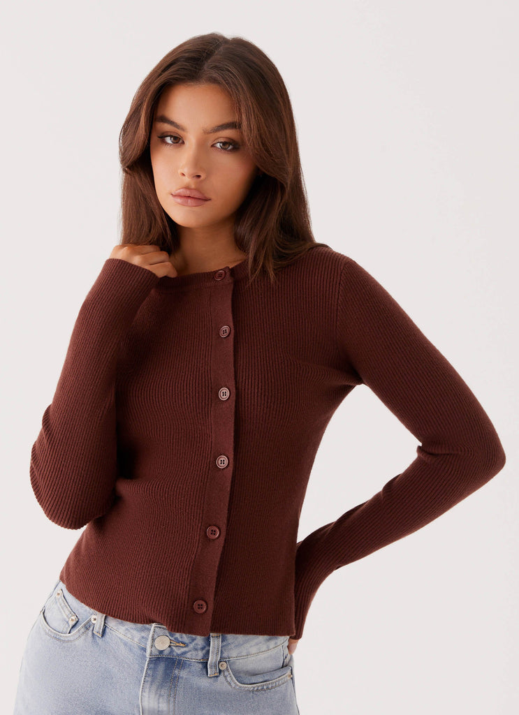 Womens Rubi Knit Long Sleeve Top in the colour Chocolate in front of a light grey background