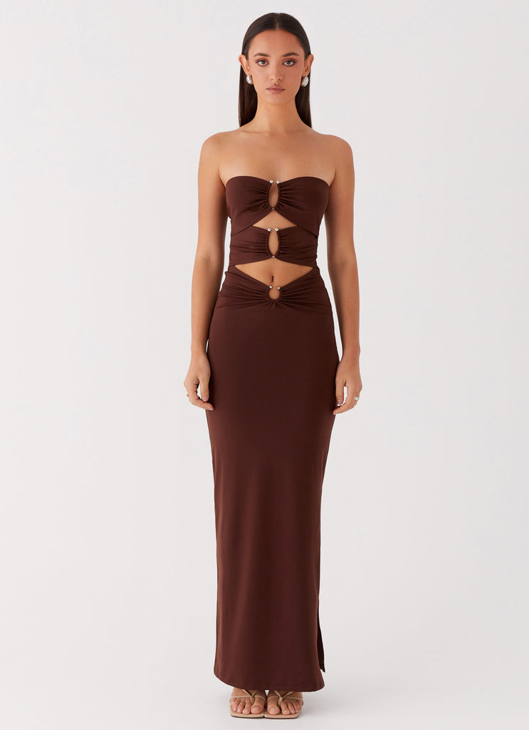 Womens Natasha Strapless Maxi Dress in the colour Chocolate in front of a light grey background