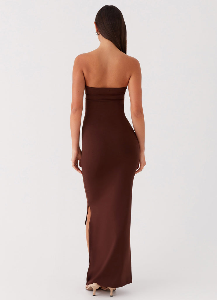 Womens Natasha Strapless Maxi Dress in the colour Chocolate in front of a light grey background