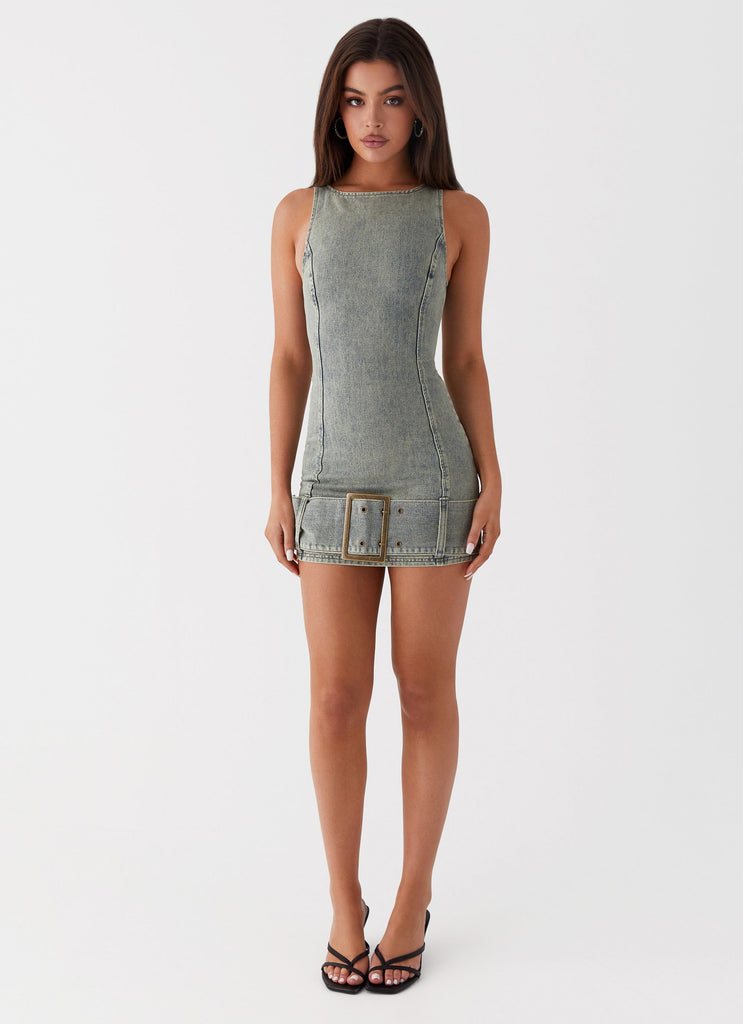 Womens Dark Matter Mini Dress in the colour Washed Denim in front of a light grey background