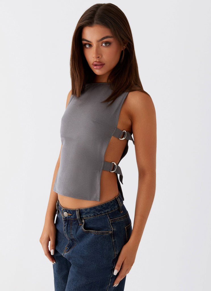 Womens Cherish You Buckle Top in the colour Charcoal in front of a light grey background