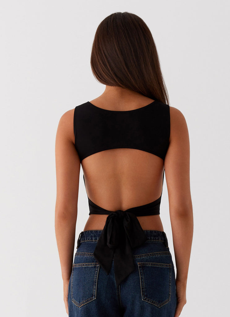 Womens Saskie Crop Top in the colour Black in front of a light grey background