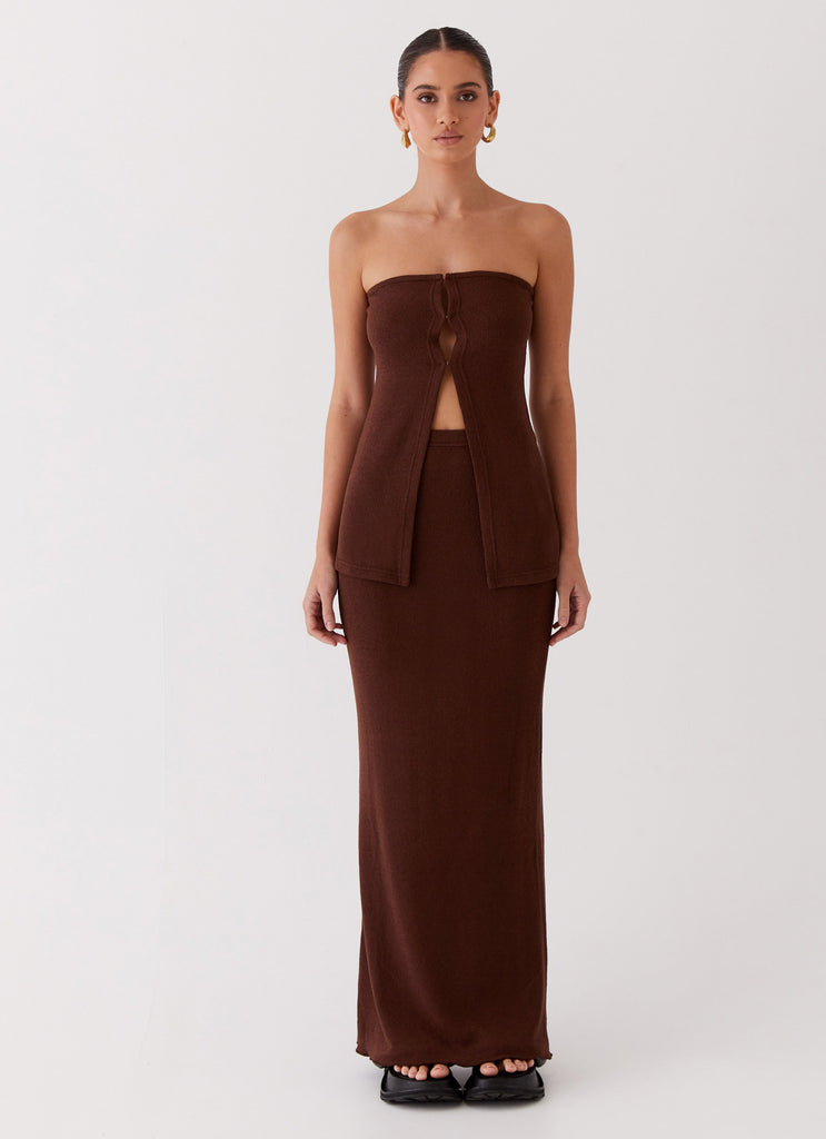 Womens Delicate Lady Knit Maxi Skirt in the colour Chocolate in front of a light grey background