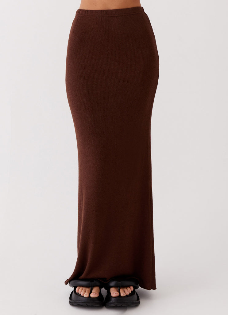 Womens Delicate Lady Knit Maxi Skirt in the colour Chocolate in front of a light grey background