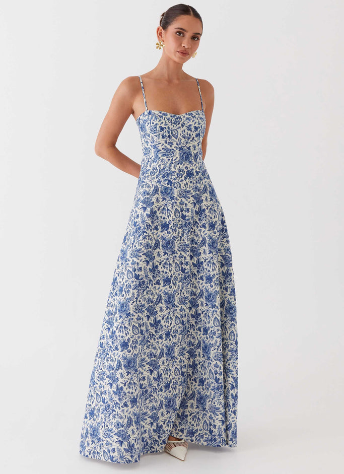 Angelina Linen Maxi Dress - Blue Paisley