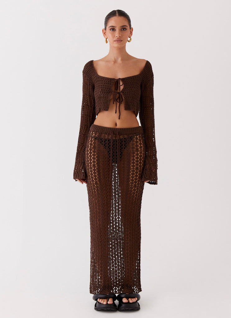 Womens Rosalina Crochet Long Sleeve Top in the colour Chocolate in front of a light grey background