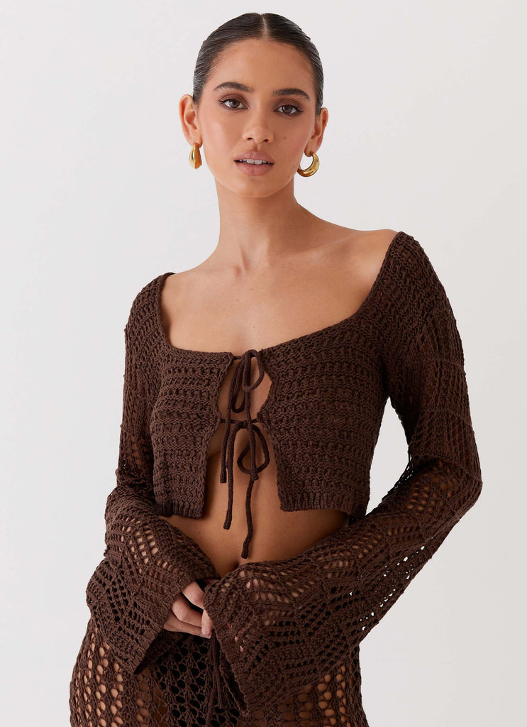 Womens Rosalina Crochet Long Sleeve Top in the colour Chocolate in front of a light grey background