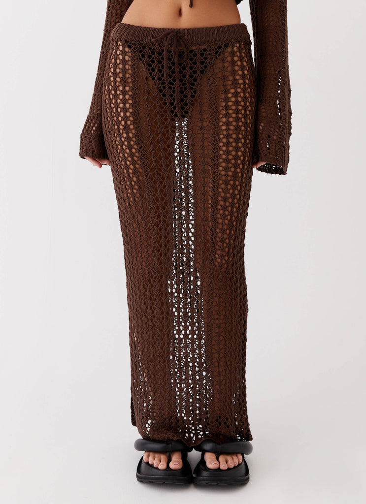 Womens Rosalina Crochet Maxi Skirt in the colour Chocolate in front of a light grey background