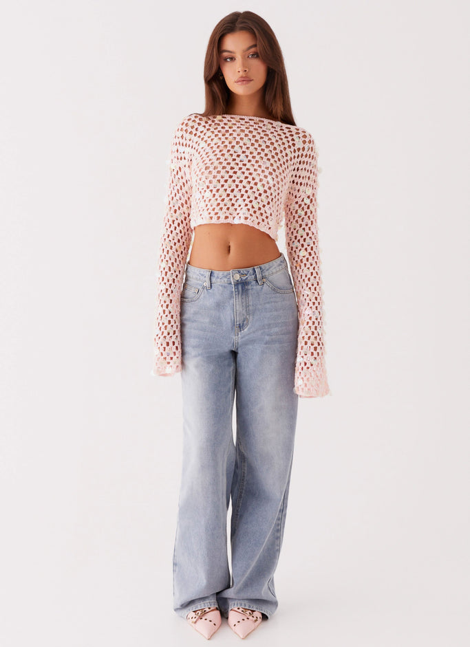 Issy Crochet Long Sleeve Crop Top - Pink