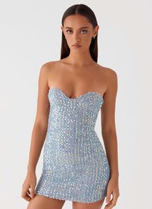 denim sequin dress So Flirty Strapless Sequin Glitter Denim Skater Dress