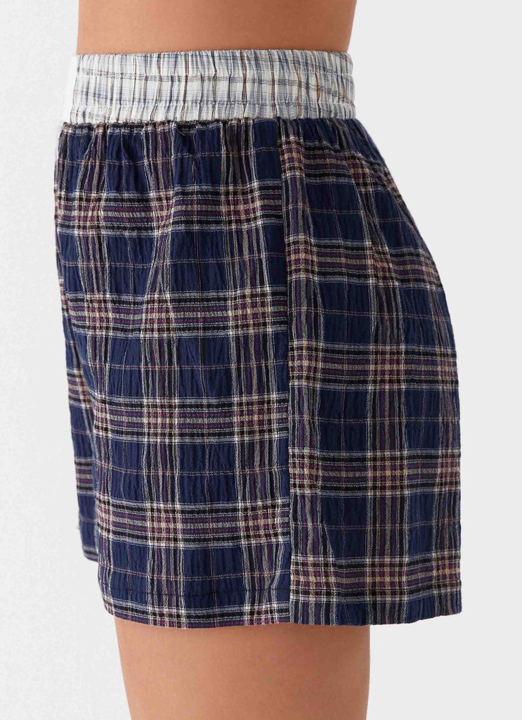 Womens Harley Boxers in the colour Navy Check in front of a light grey background