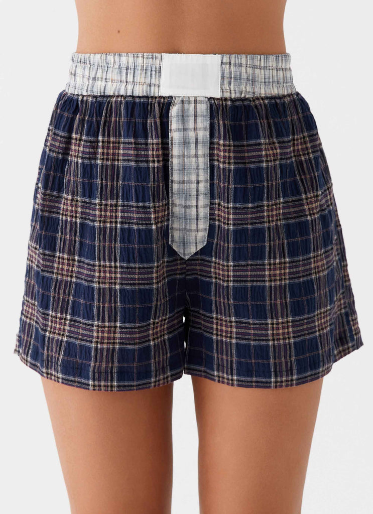 Womens Harley Boxers in the colour Navy Check in front of a light grey background