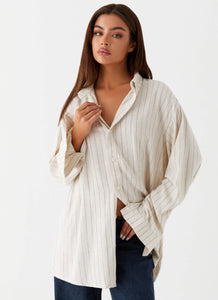 Womens Lockie Oversized Linen Shirt in the colour Oat Pinstripe in front of a light grey background