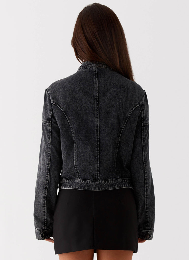 Womens Another Late Night Denim Jacket in the colour Charcoal in front of a light grey background