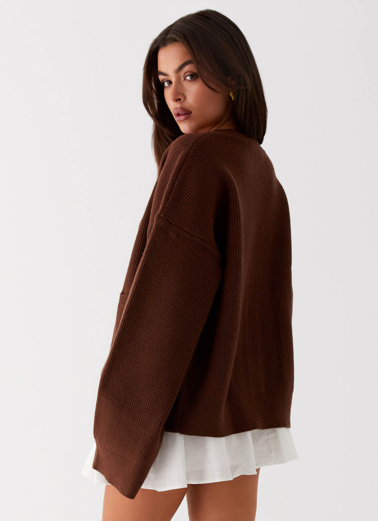 Womens Liza Knit Cardigan in the colour Chocolate in front of a light grey background