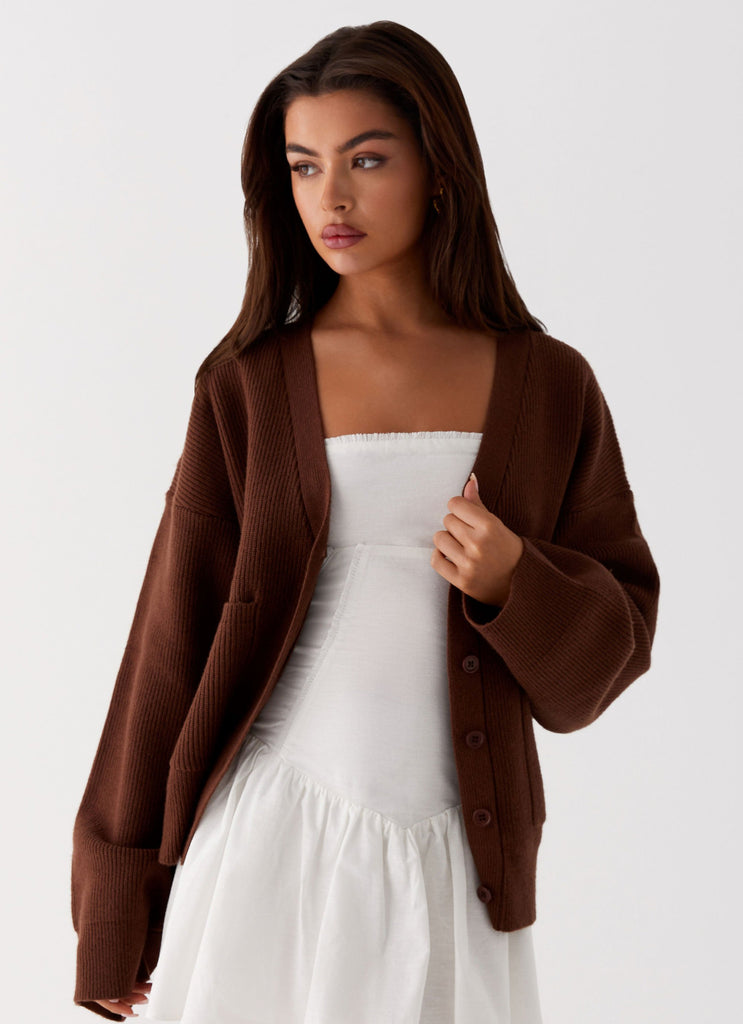 Womens Liza Knit Cardigan in the colour Chocolate in front of a light grey background