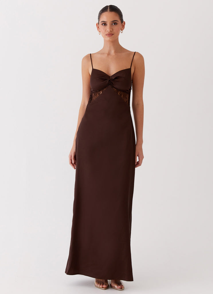 Womens Dream Sight Lace Satin Maxi Dress in the colour Chocolate in front of a light grey background