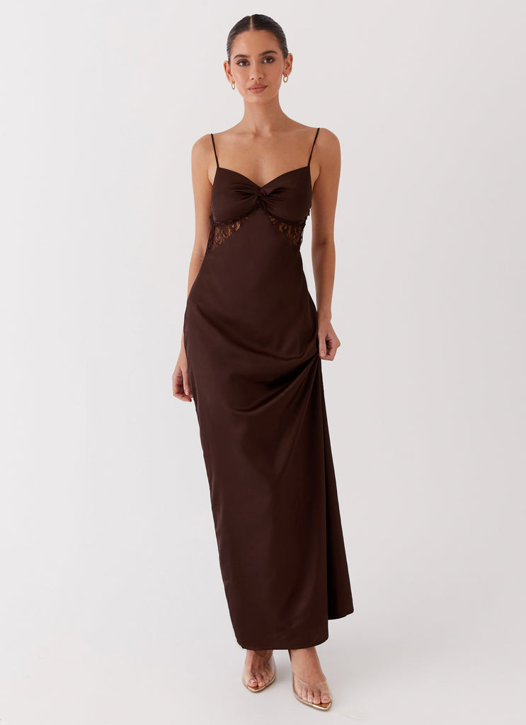 Womens Dream Sight Lace Satin Maxi Dress in the colour Chocolate in front of a light grey background