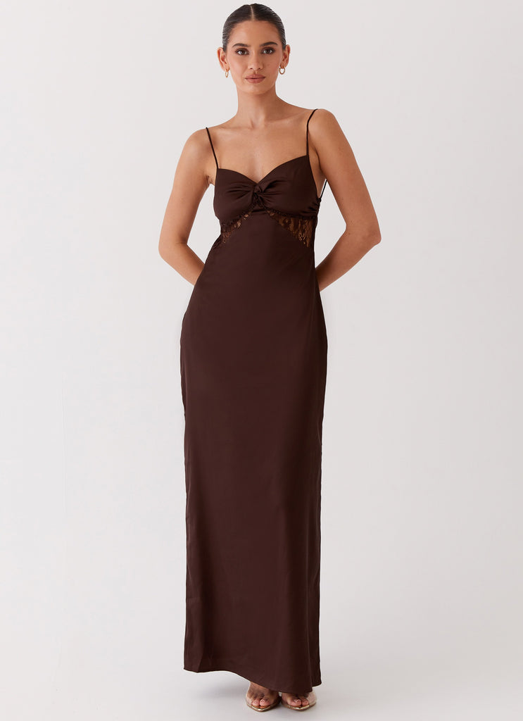 Womens Dream Sight Lace Satin Maxi Dress in the colour Chocolate in front of a light grey background