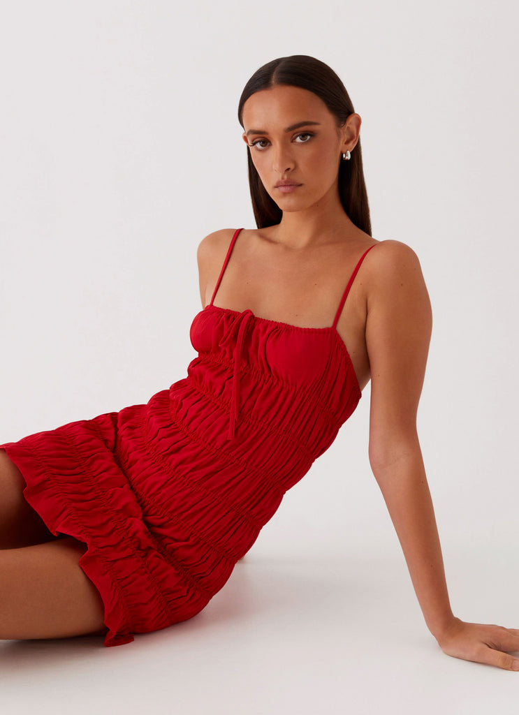 Womens Part Timer Ruched Mini Dress in the colour Red in front of a light grey background