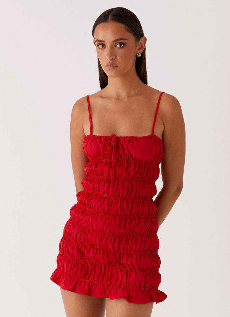 Womens Part Timer Ruched Mini Dress in the colour Red in front of a light grey background