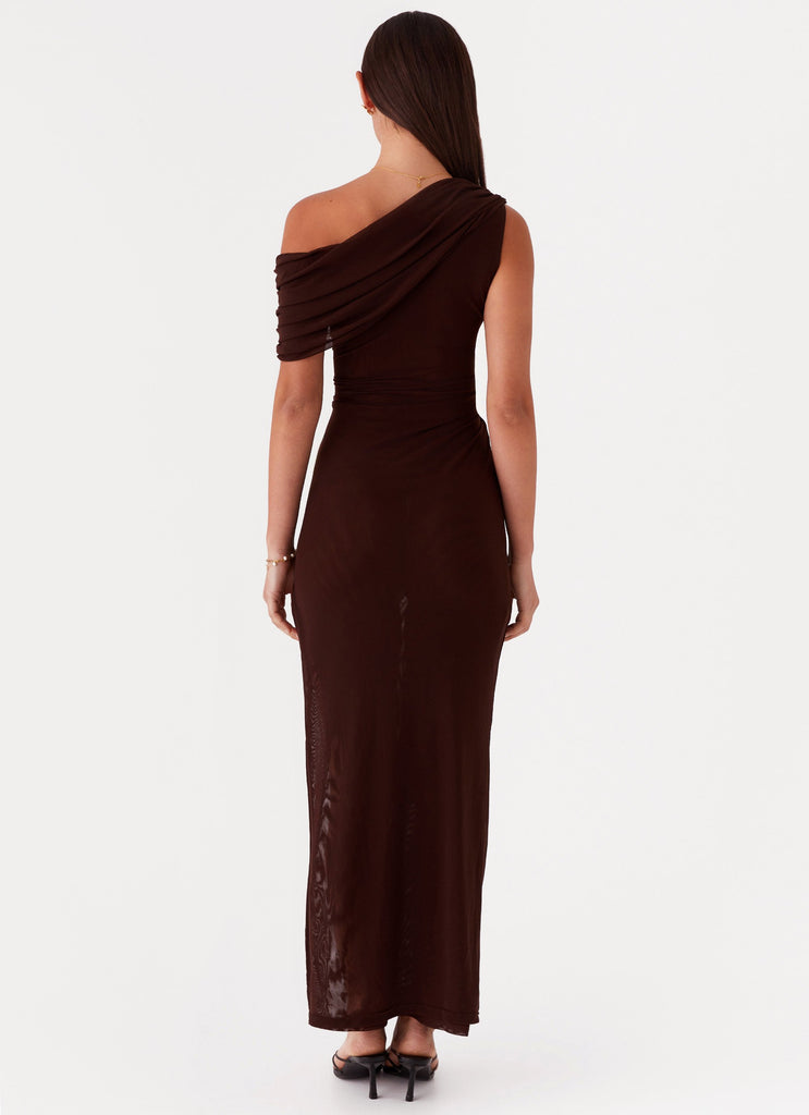 Womens Ciara One Shoulder Draped Maxi Dress in the colour Chocolate in front of a light grey background