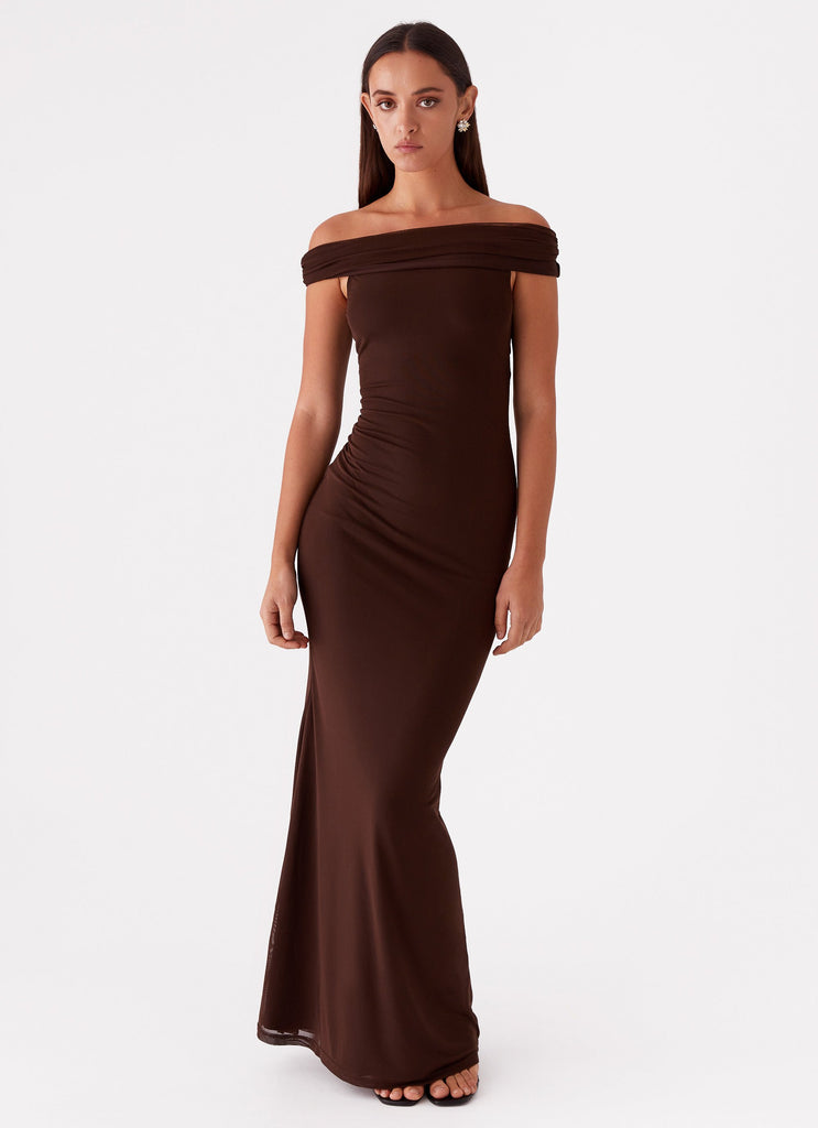 Womens Marilyn Maxi Dress in the colour Chocolate in front of a light grey background