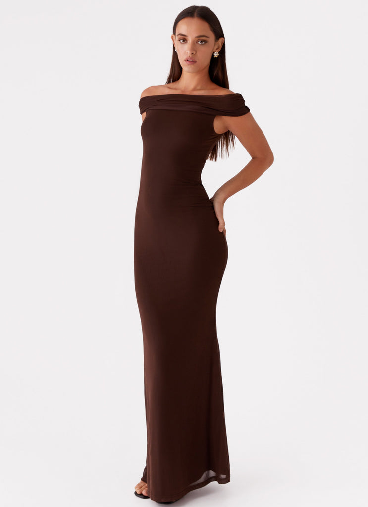 Womens Marilyn Maxi Dress in the colour Chocolate in front of a light grey background