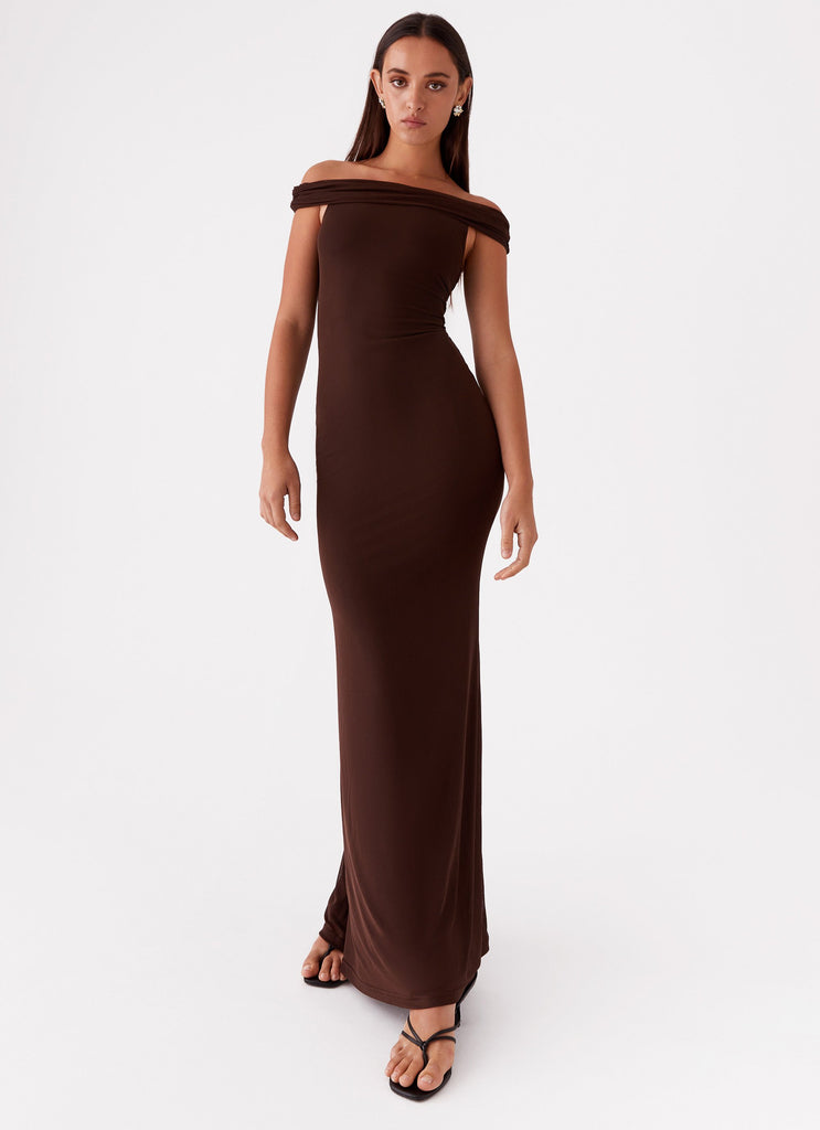 Womens Marilyn Maxi Dress in the colour Chocolate in front of a light grey background