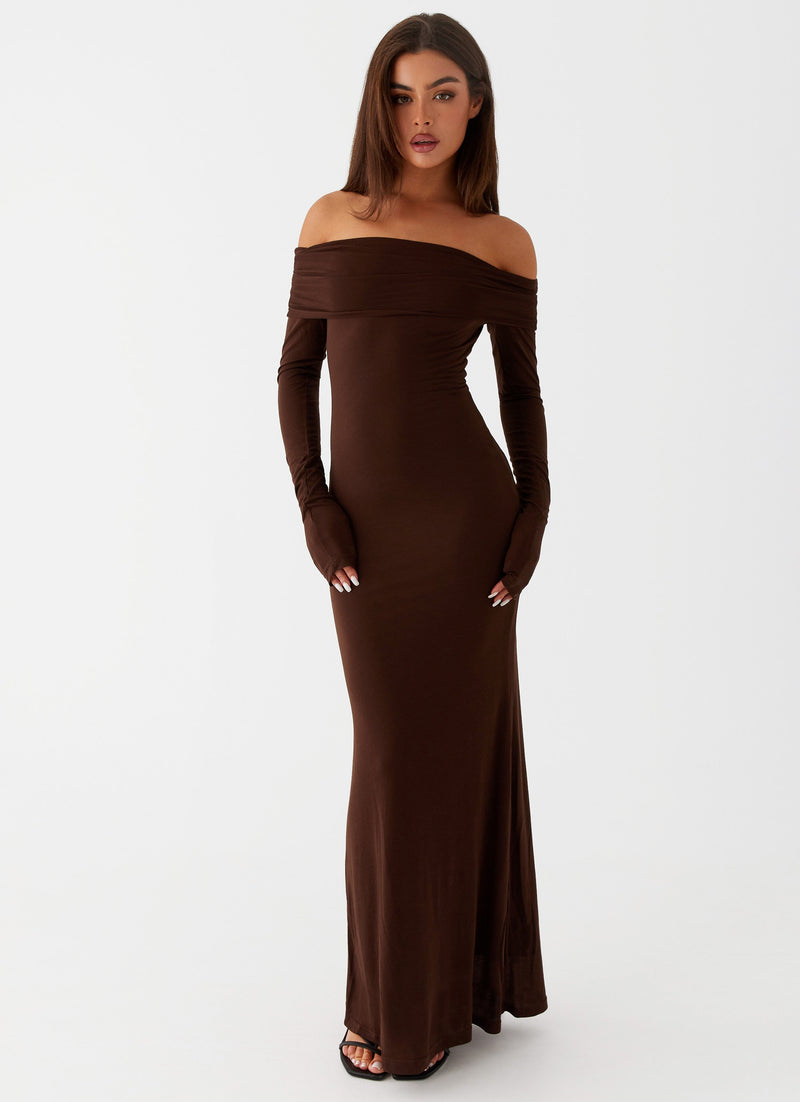Womens Cocoa Long Sleeve Maxi Dress in the colour Chocolate in front of a light grey background