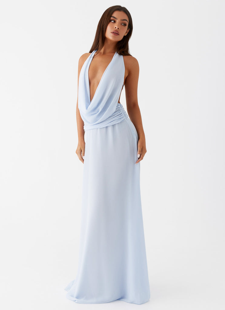 Womens Elysia Chiffon Maxi Dress in the colour Baby Blue in front of a light grey background