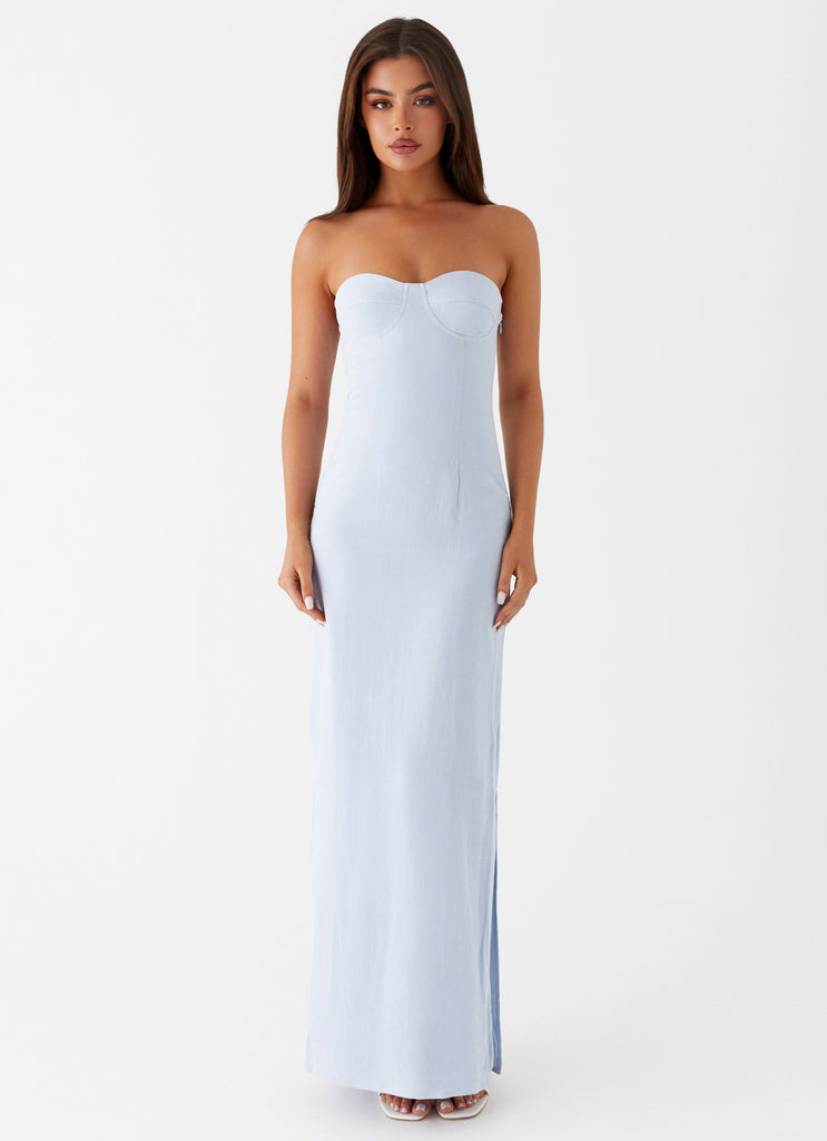 Womens Esra Linen Strapless Maxi Dress in the colour Blue in front of a light grey background