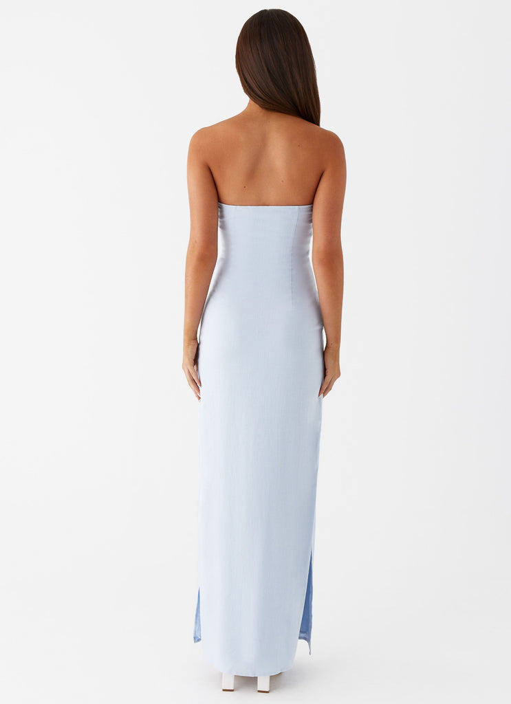 Womens Esra Linen Strapless Maxi Dress in the colour Blue in front of a light grey background