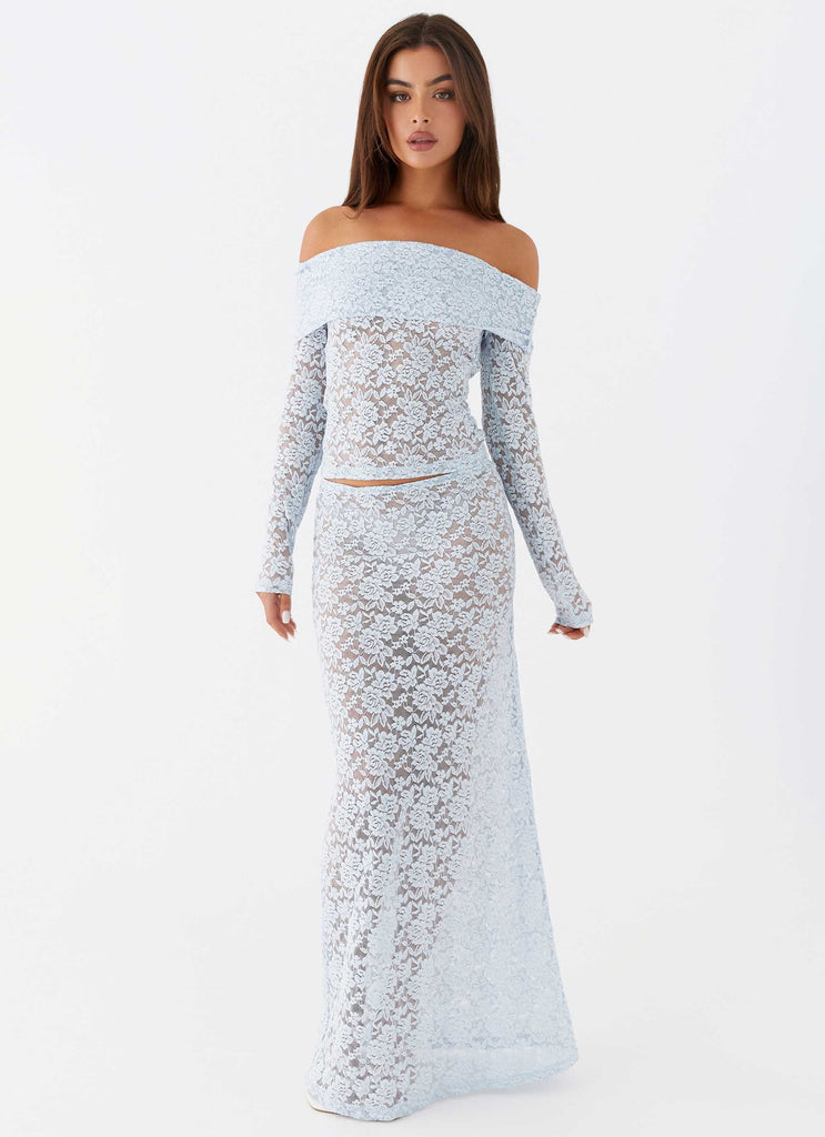 Womens Zephyra Lace Maxi Skirt in the colour Blue Cloud in front of a light grey background