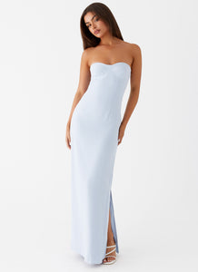 Womens Esra Linen Strapless Maxi Dress in the colour Blue in front of a light grey background