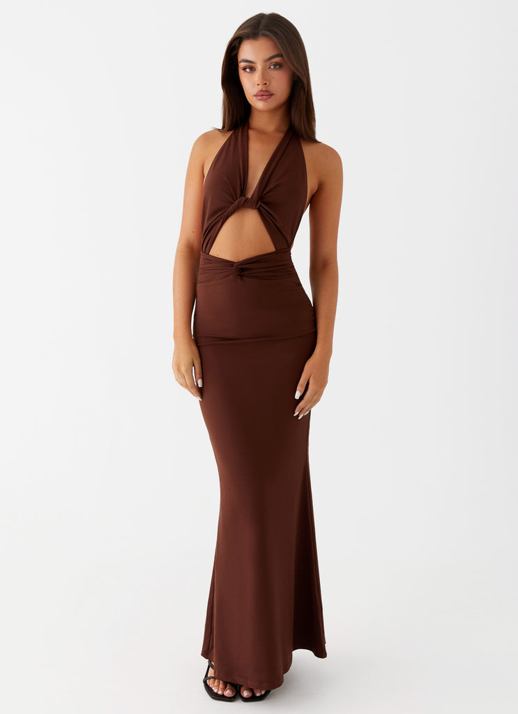 Womens Carolina Twist Maxi Dress in the colour Chocolate in front of a light grey background