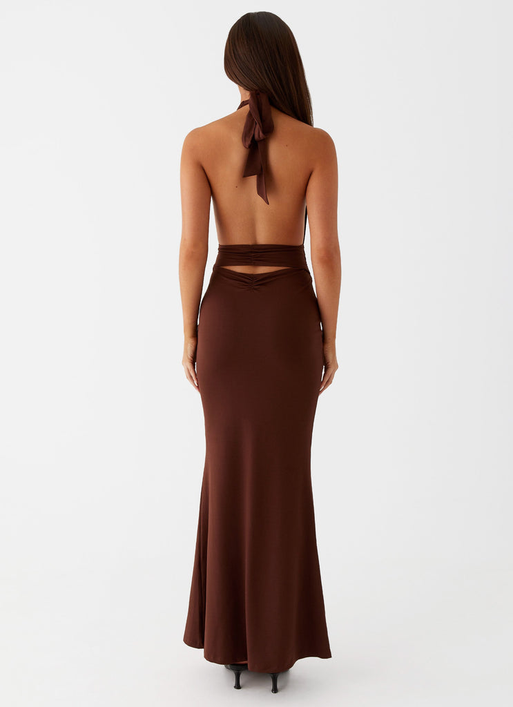 Womens Carolina Twist Maxi Dress in the colour Chocolate in front of a light grey background