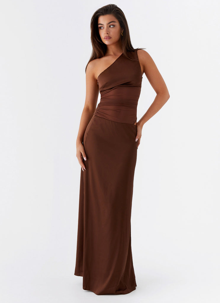 Womens Juliette Maxi Dress in the colour Chocolate in front of a light grey background