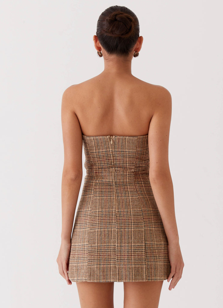 Vivenda Strapless Mini Dress - Brown Plaid Peppermayo Vivenda Strapless Mini Dress - Brown Plaid Peppermayo