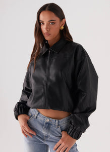 Womens Houghton Oversized Bomber Jacket in the colour Black in front of a light grey background