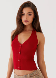 Womens Bettie Knit Halter Top in the colour Red in front of a light grey background