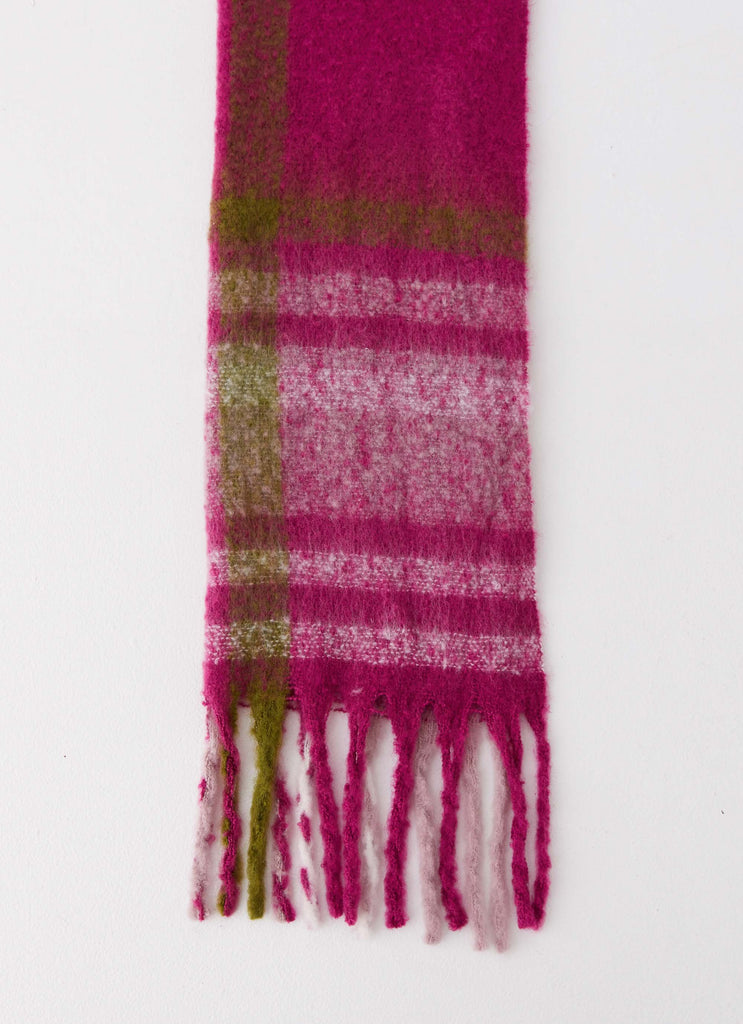 Womens Rainier Plaid Scarf in the colour Pink in front of a light grey background