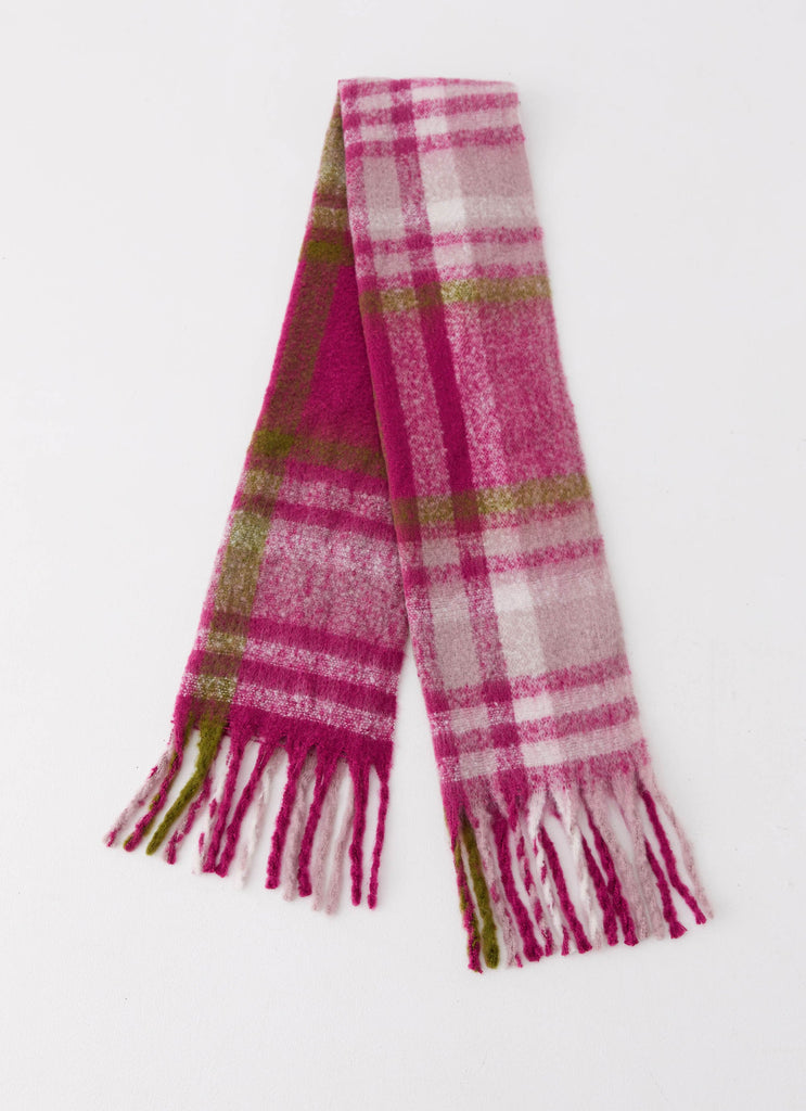 Womens Rainier Plaid Scarf in the colour Pink in front of a light grey background