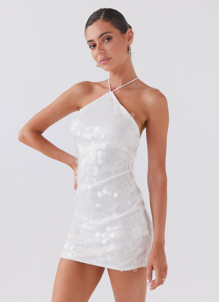 White Sequin Halter Neck Mini Dress
