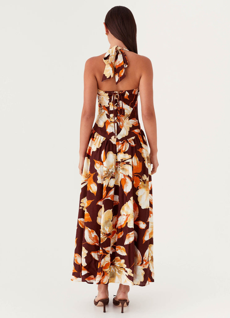 Womens Dahlia Linen Maxi Dress in the colour Brown Floral in front of a light grey background