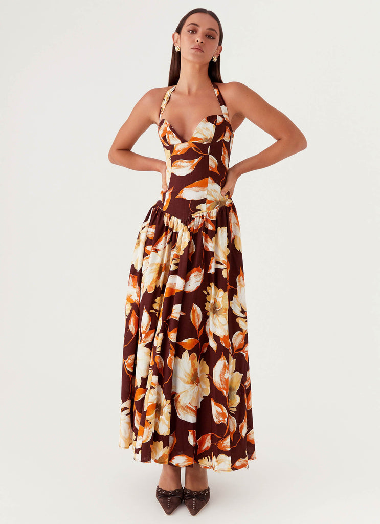 Womens Dahlia Linen Maxi Dress in the colour Brown Floral in front of a light grey background