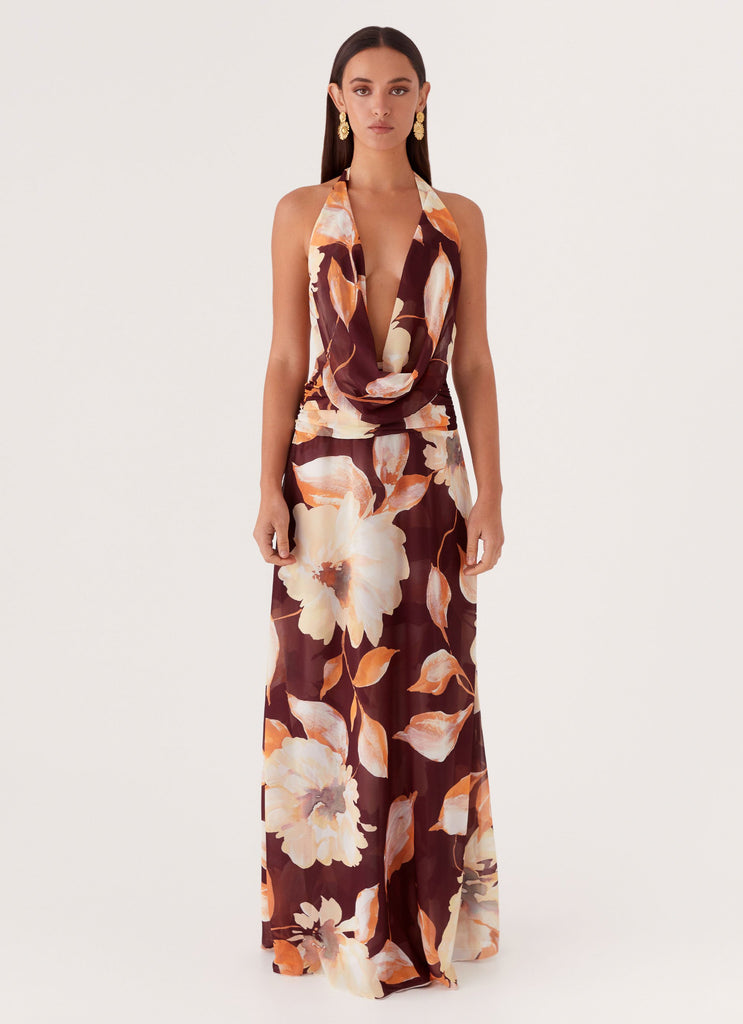 Womens Elysia Chiffon Maxi Dress in the colour Brown Floral in front of a light grey background