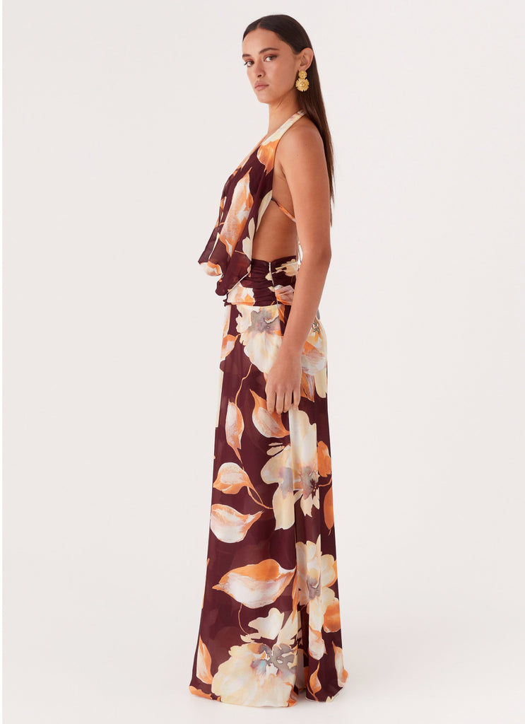 Womens Elysia Chiffon Maxi Dress in the colour Brown Floral in front of a light grey background