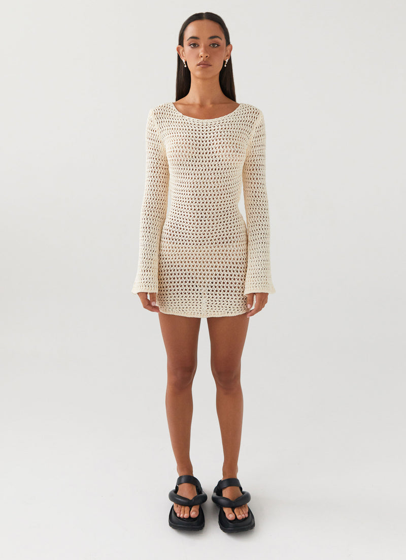 Womens Down For The Ride Crochet Mini Dress in the colour Ivory in front of a light grey background
